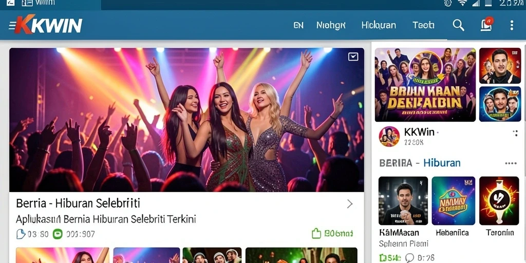 Antarmuka aplikasih KKWIN yang menarik dengan berita selebriti.