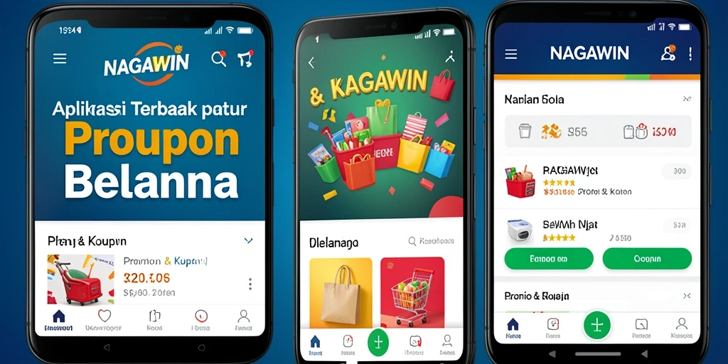 Antarmuka aplikasi NAGAWIN dengan tampilan kupon dan promo belanja.